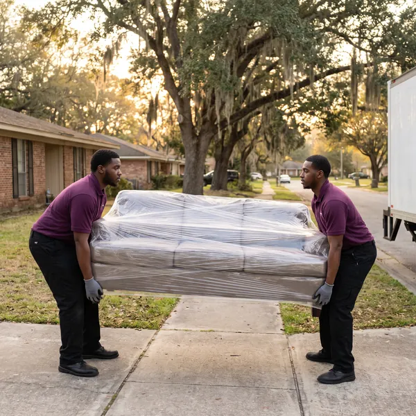 Two movers carrying a shrink-wrapped sofa down a front walkway