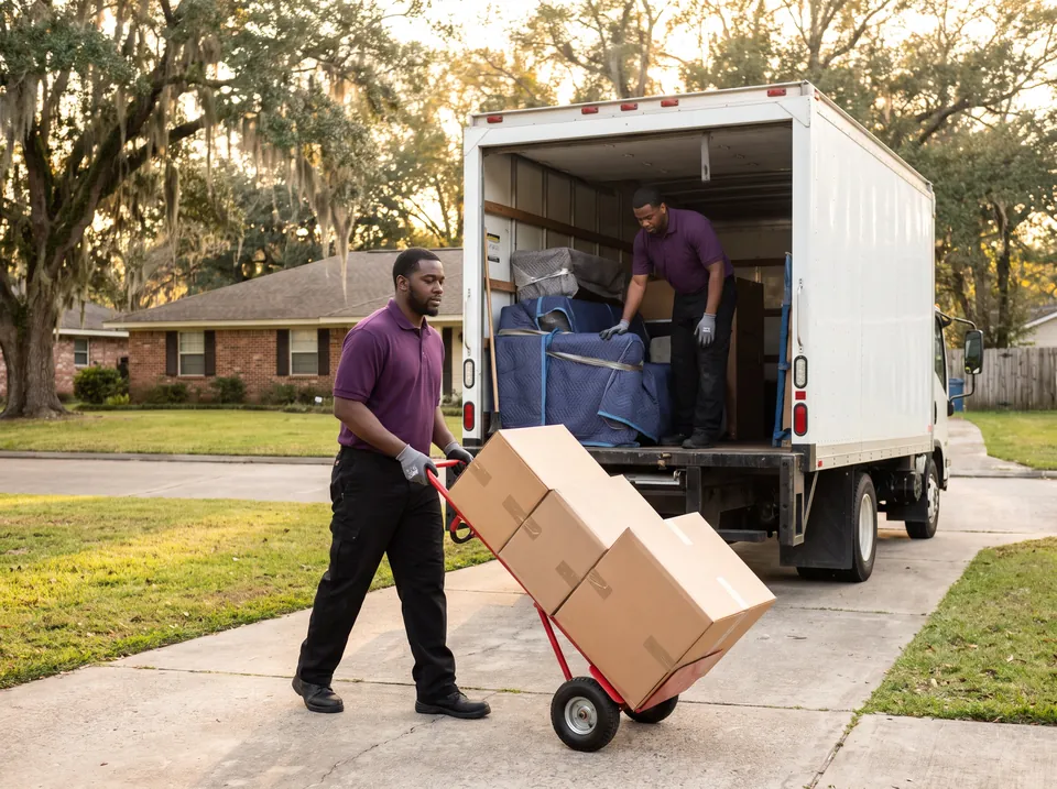 Mover wheeling moving boxes on a hand truck toward a loaded moving truck