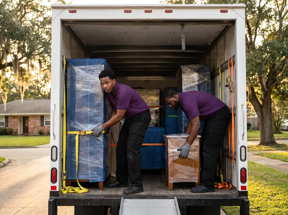 Movers strapping blanket-wrapped furniture inside a moving truck